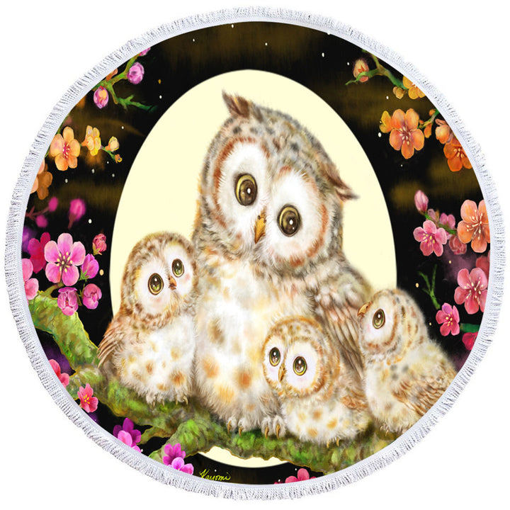 Microfiber Beach Towel with Flowers and Moonlight Lullaby Cute Owl Family
