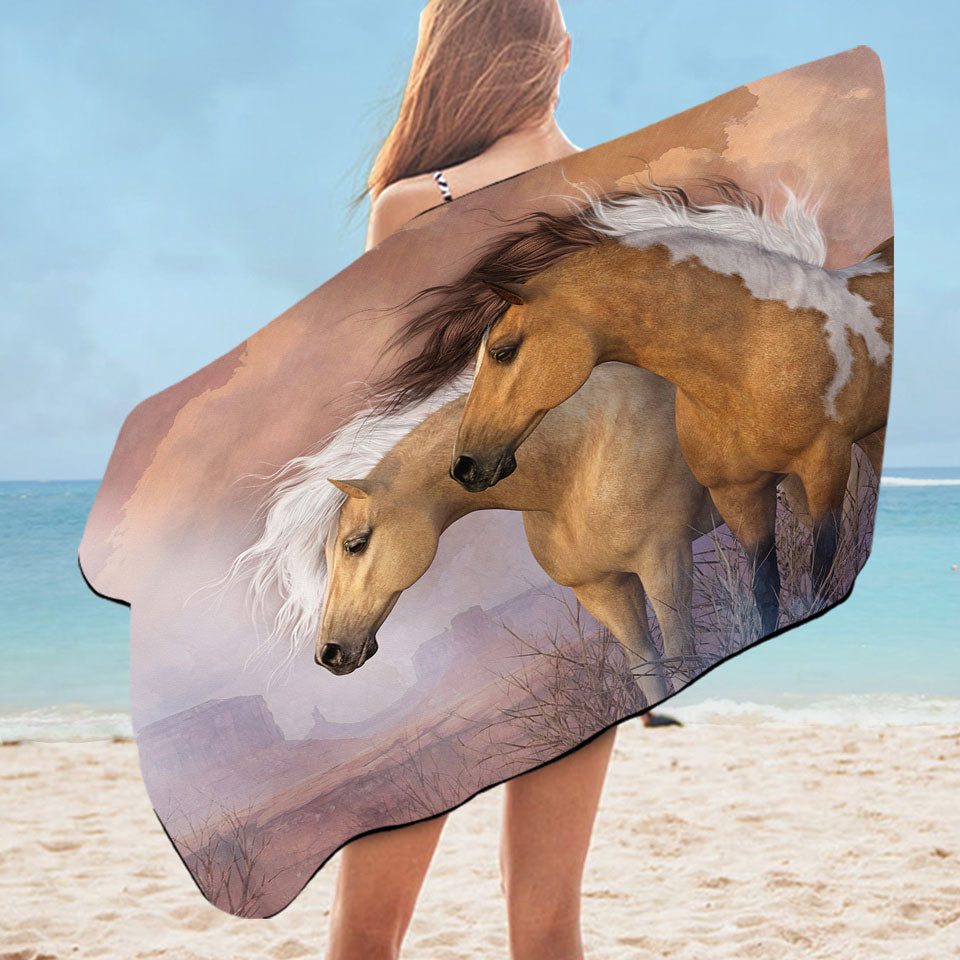 Microfiber Beach Towel with Sunset Gold Wild American Horses
