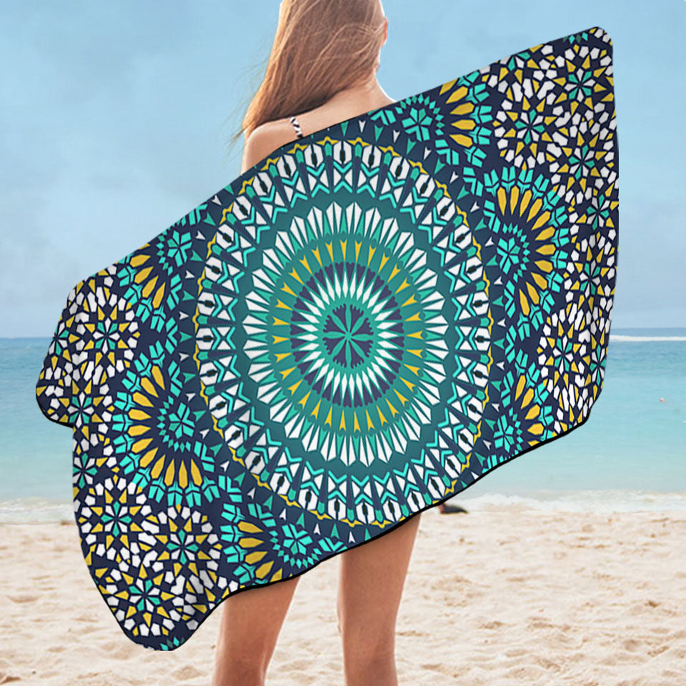 Microfibre Beach Towels Turquoise White and Yellow Mandala