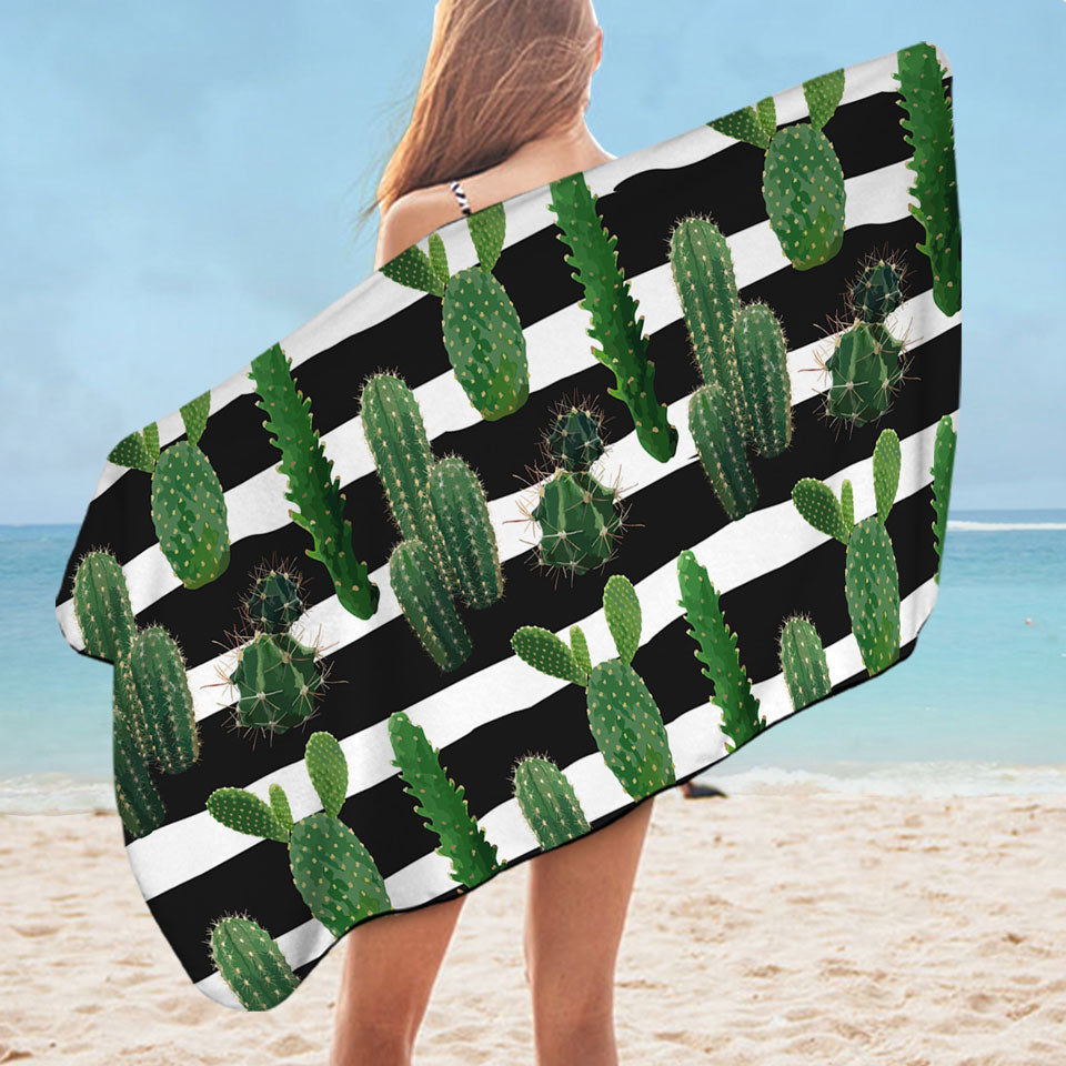 Microfibre Beach Towels with Cactus over Black and White Stripes