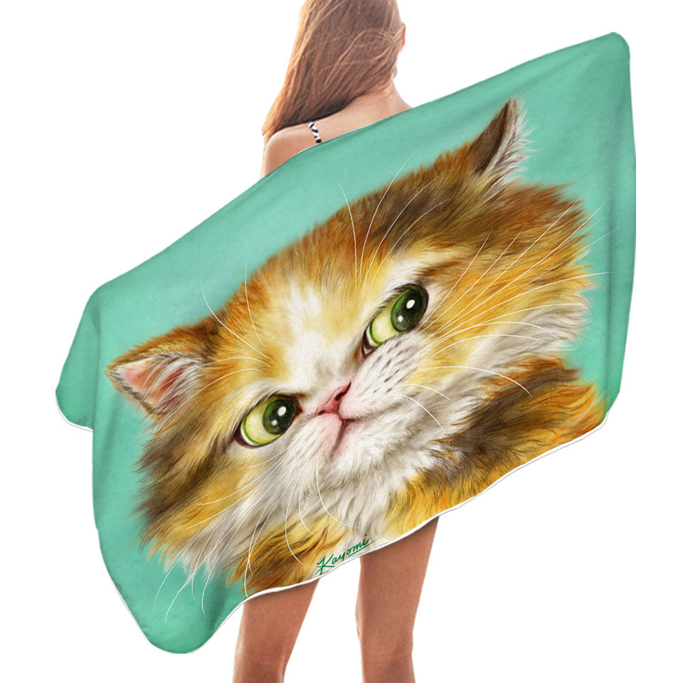 Microfibre Beach Towels with Green Background Painted Furry Ginger Cat