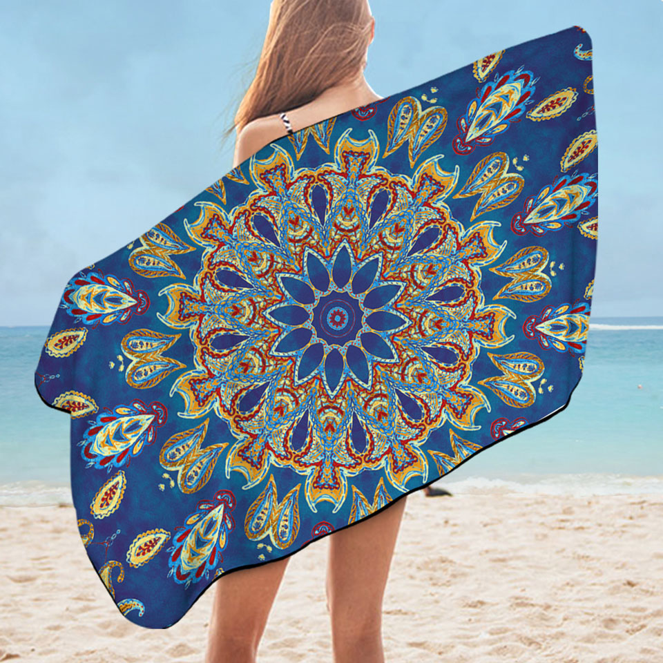Microfibre Beach Towels with Red Yellow Blue Oriental Paisley Mandala