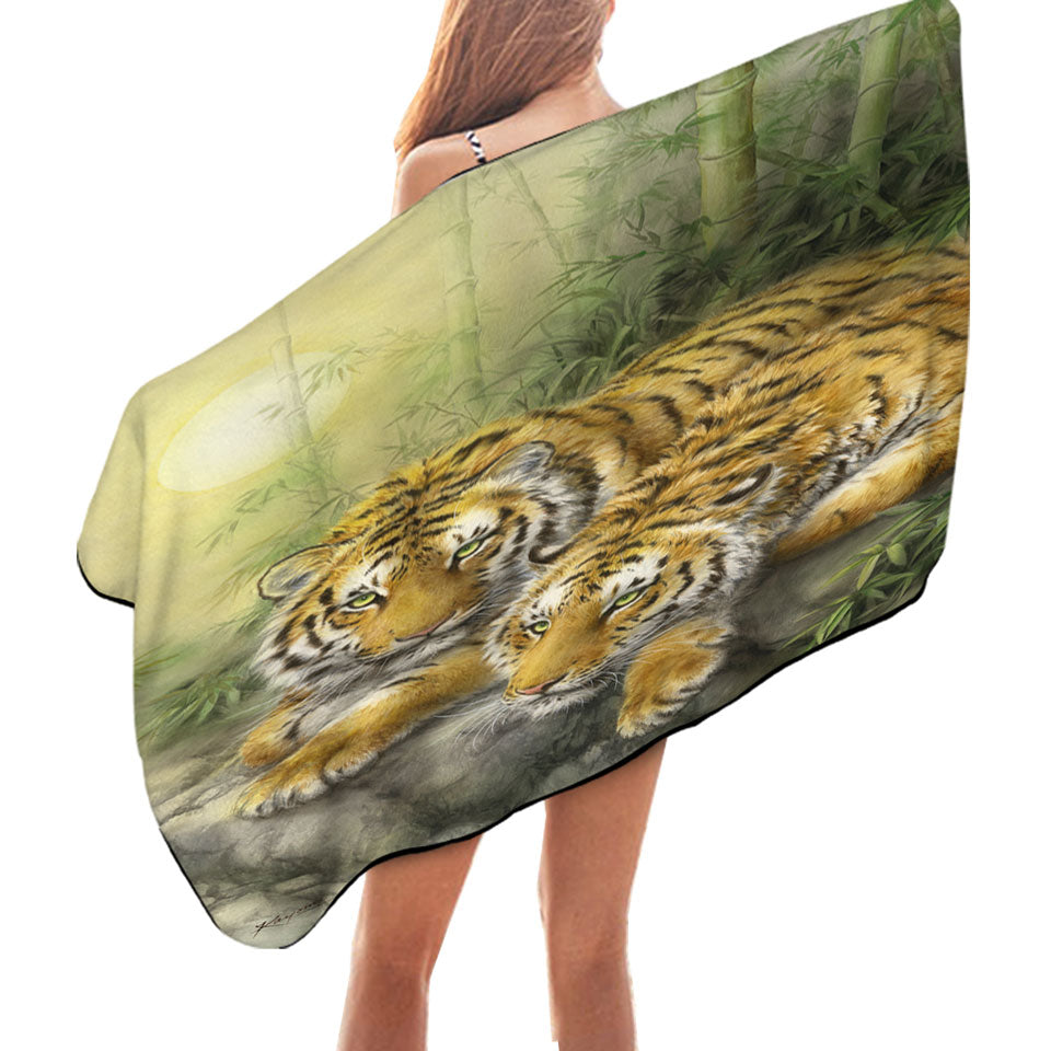 Microfibre Beach Towels with Wild Animals Art Tigers Forest Morning