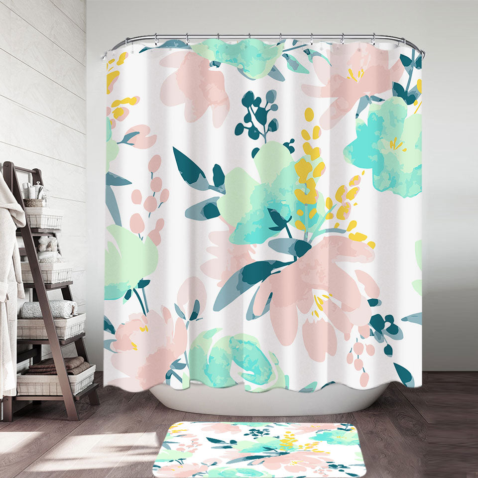 Modest Drawing Modern Shower Curtains Soft Colored Flowers