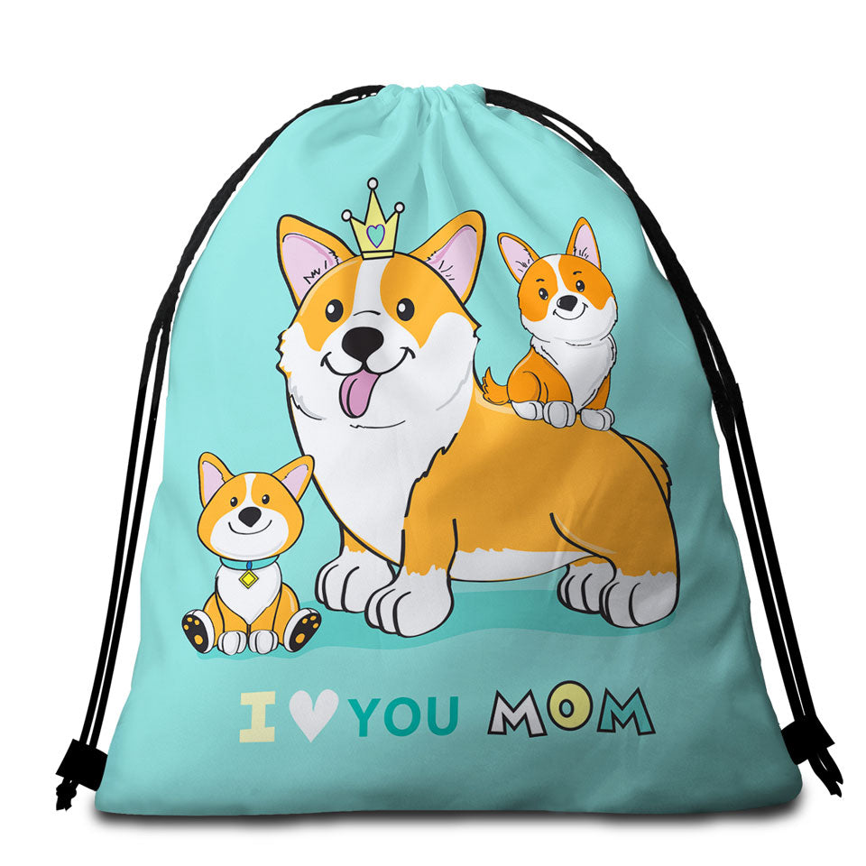 Mom and Puppies Cute Corgi Dog Beach Towel Bags