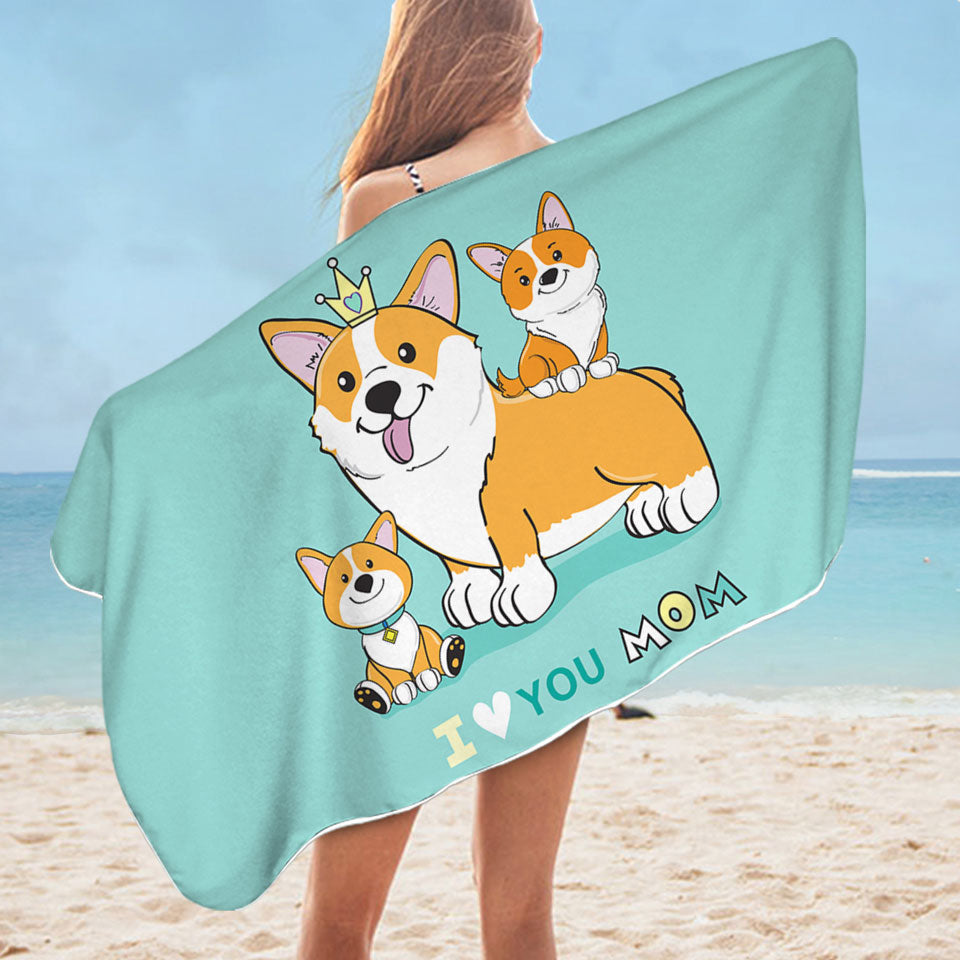 Mom and Puppies Cute Corgi Dog Beach Towels
