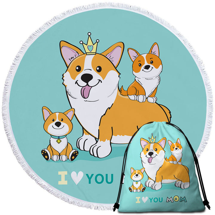 Mom and Puppies Cute Corgi Dog Round Beach Towel