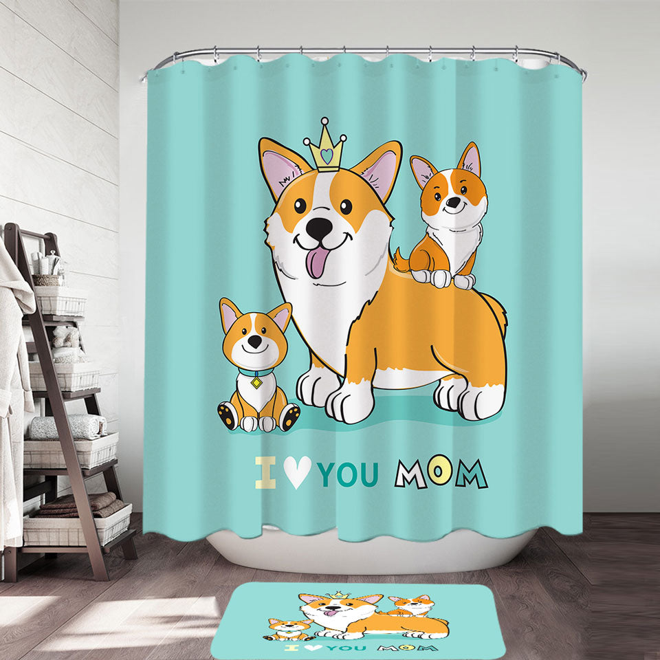 Mom and Puppies Cute Corgi Dog Shower Curtain