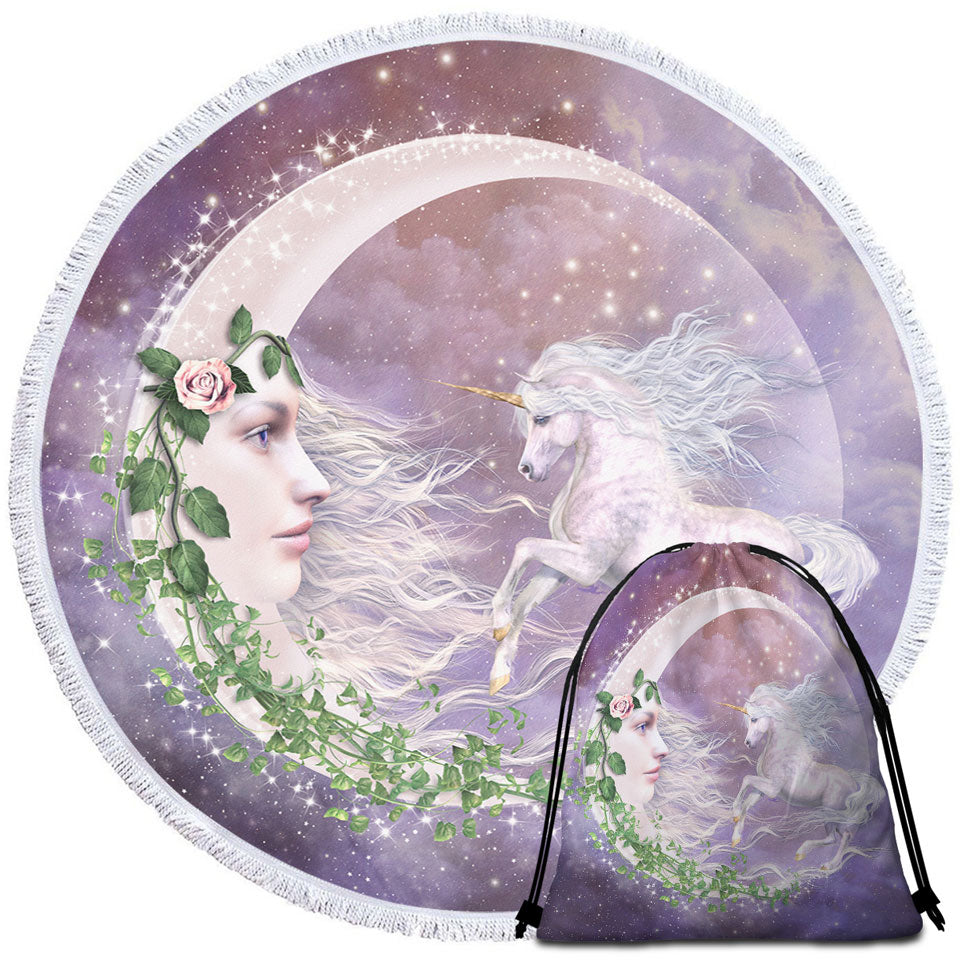 Moonicorn Fantasy Art the Moon and Unicorn Beach Towels On Sale