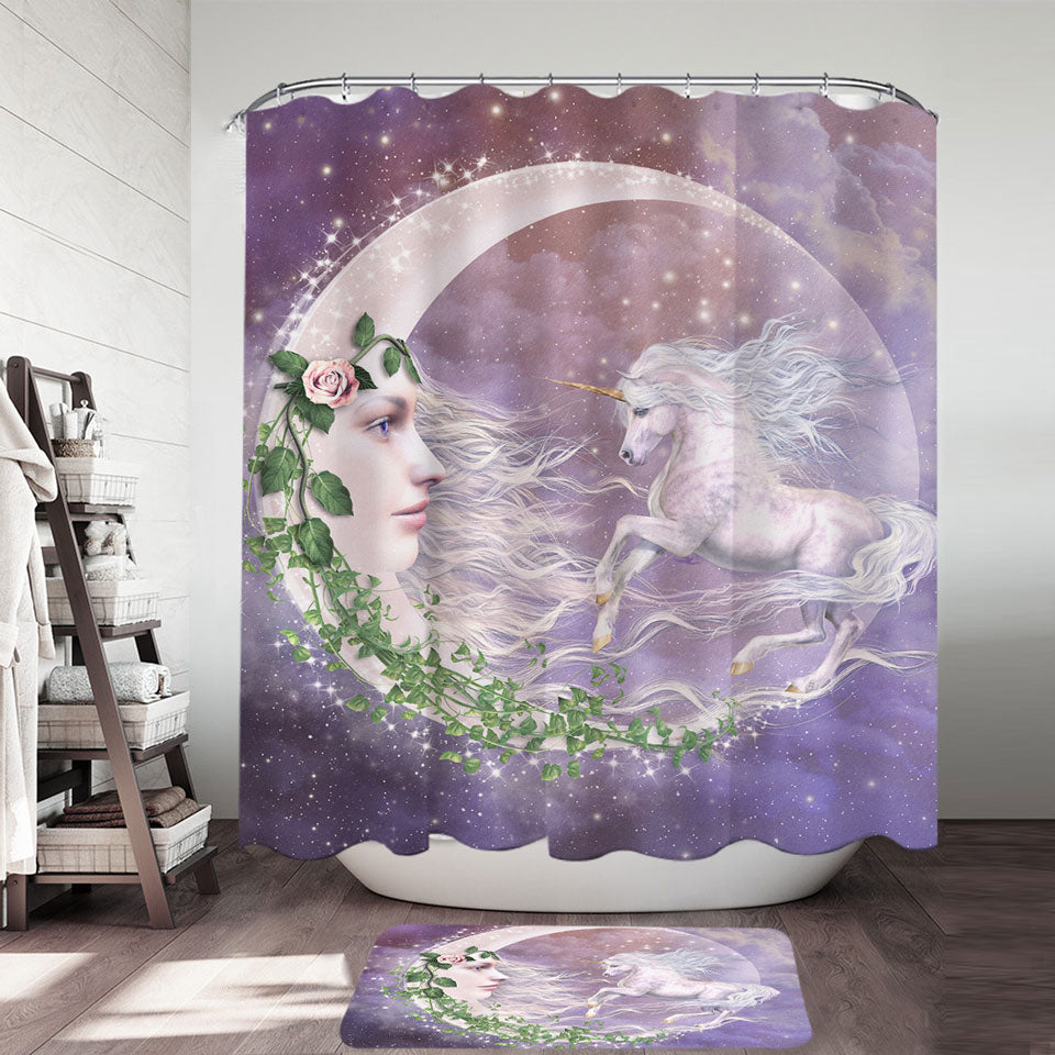 Moonicorn Fantasy Art the Moon and Unicorn Fabric Shower Curtain