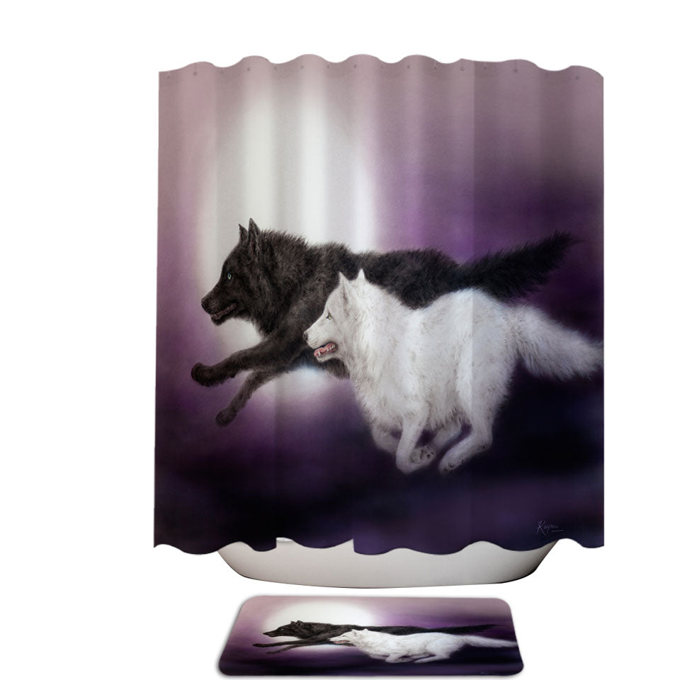Moonlight Run Black and White Wolves Shower Curtain