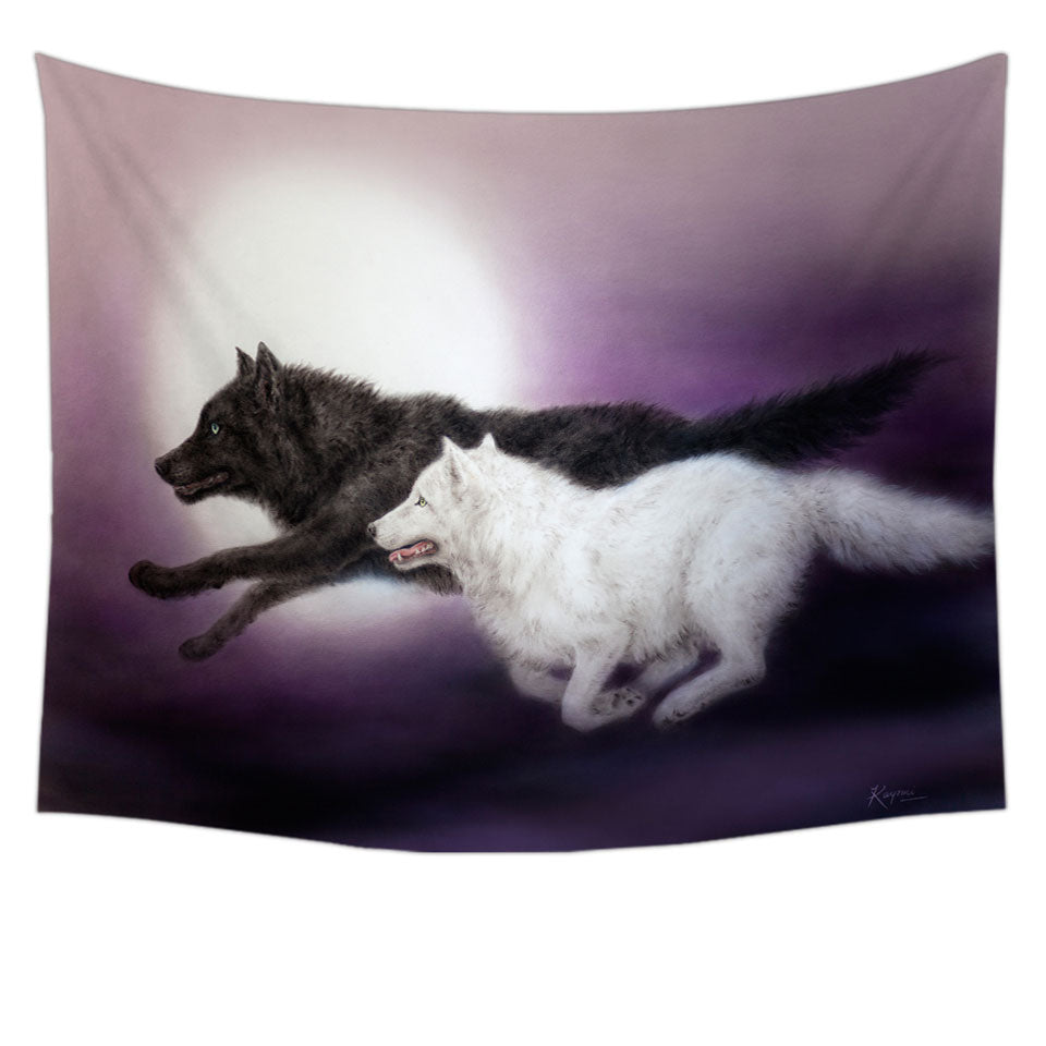 Moonlight Run Black and White Wolves Tapestry Wall Art Prints