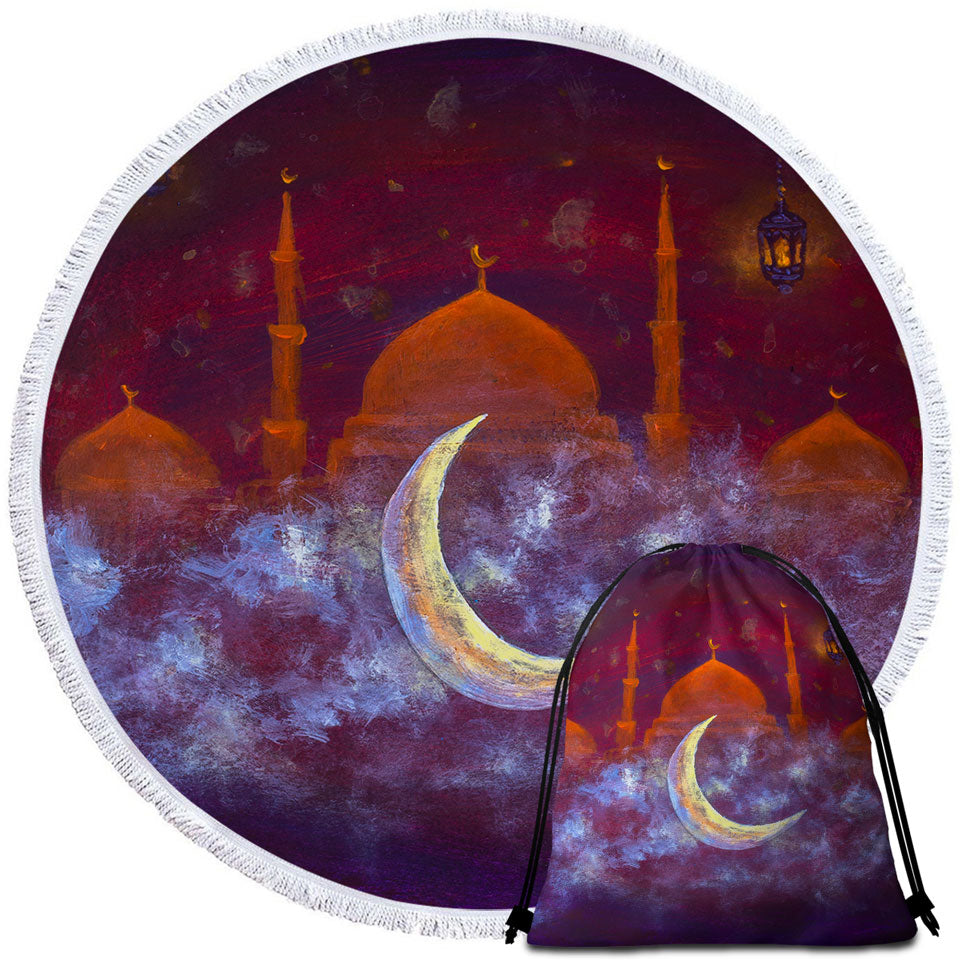 Mosque and Crescent Moon Round Beach Towel