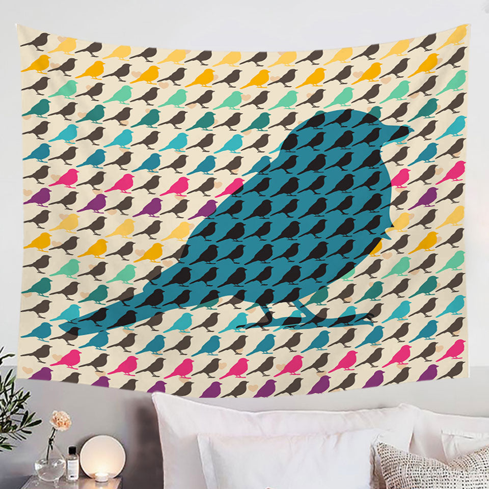 Multi Colored Bird Pattern Over Blue Bird Wall Decor Tapestry