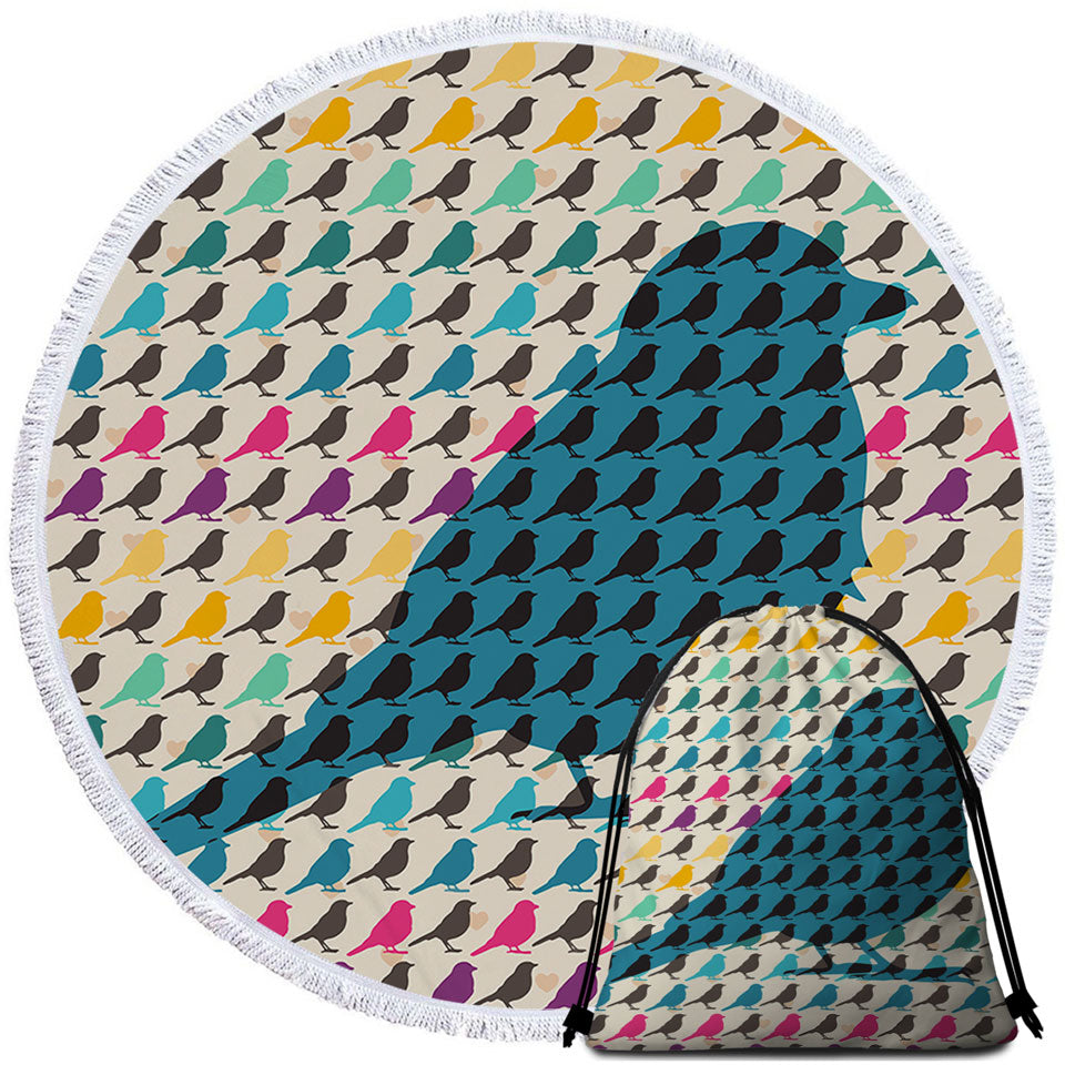 Multi Colored Bird Pattern Round Beach Towel