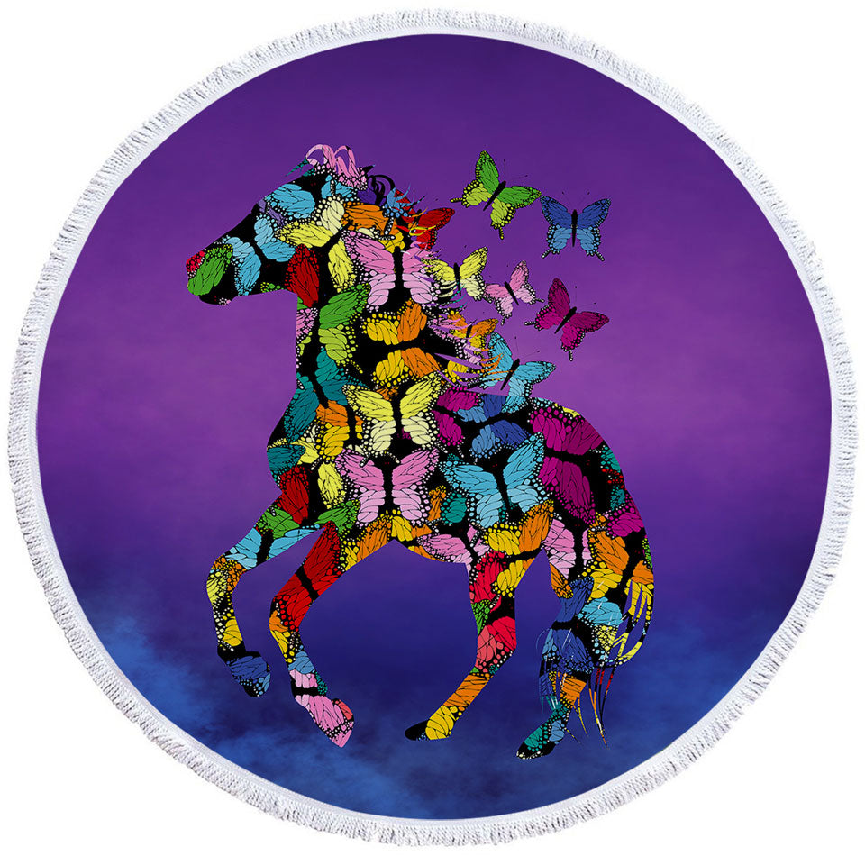 Multi Colored Butterflies Horse Round Beach Towel