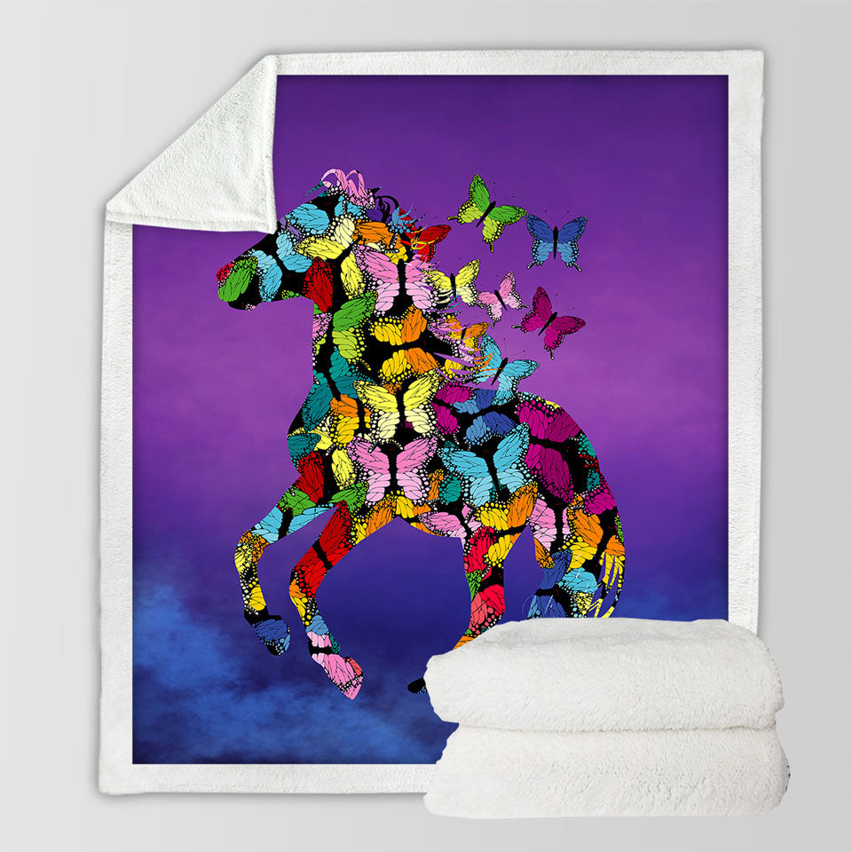 Multi Colored Butterflies Horse Sherpa Blanket