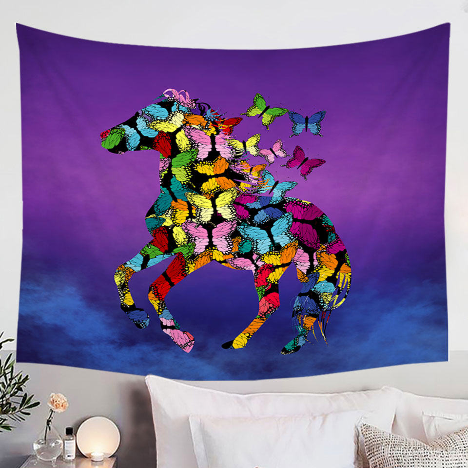 Multi Colored Butterflies Horse Wall Art Tapestry