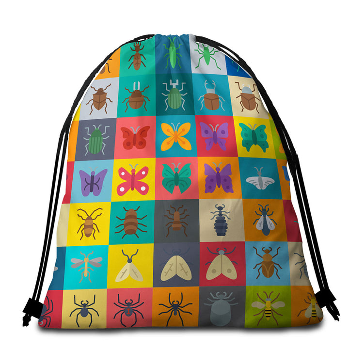 Multi Colored Checkered Bugs and Insects Beach Towel Bags