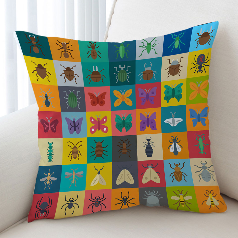 Multi Colored Checkered Bugs and Insects Cushion Cover