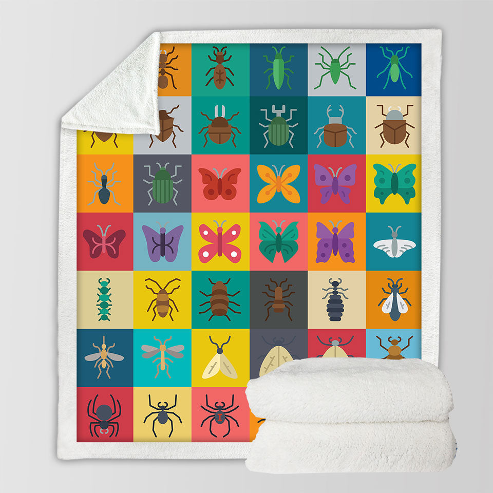Multi Colored Checkered Bugs and Insects Fleece Blankets