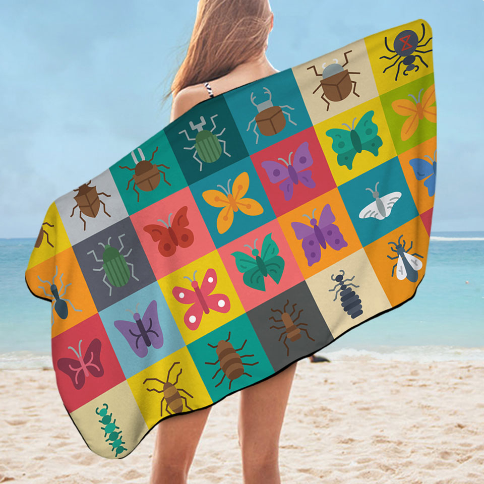 Multi Colored Checkered Bugs and Insects Microfiber Beach Towel