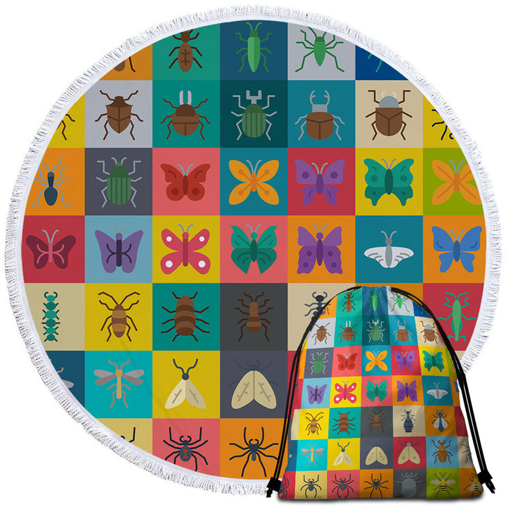 Multi Colored Checkered Bugs and Insects Round Beach Towel