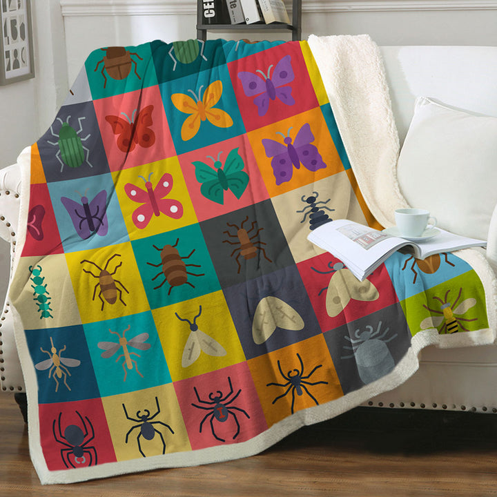 Multi Colored Checkered Bugs and Insects Throw Blanket