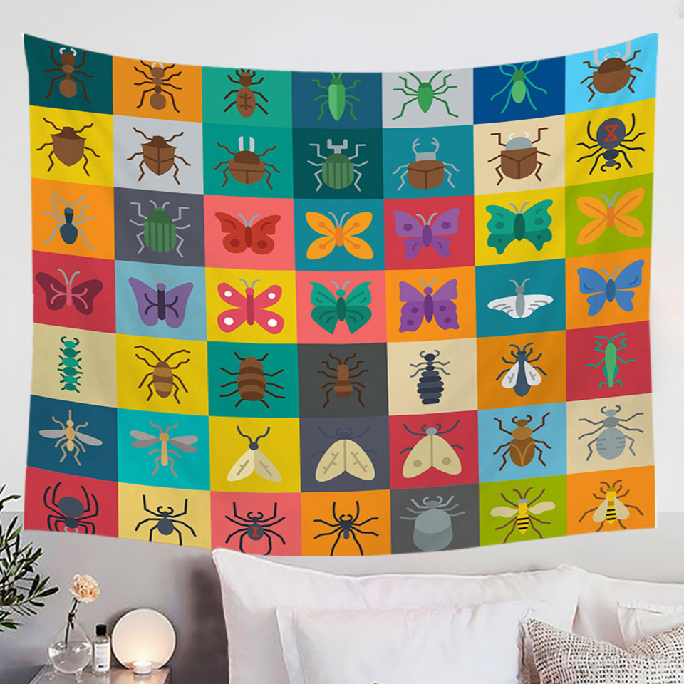 Multi Colored Checkered Bugs and Insects Wall Decor Tapestry