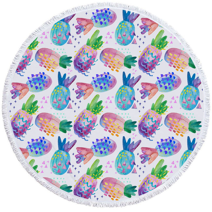 Multi Colored Circle Beach Towel Painted Pineapples