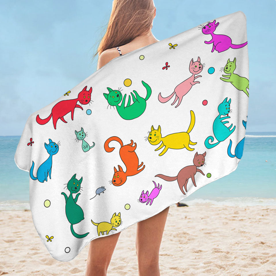 Multi Colored Cute Childrens Beach Towels with Playing Cats