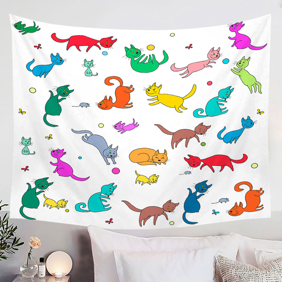 Multi Colored Cute Wall Decor Tapestry with Playing Cats