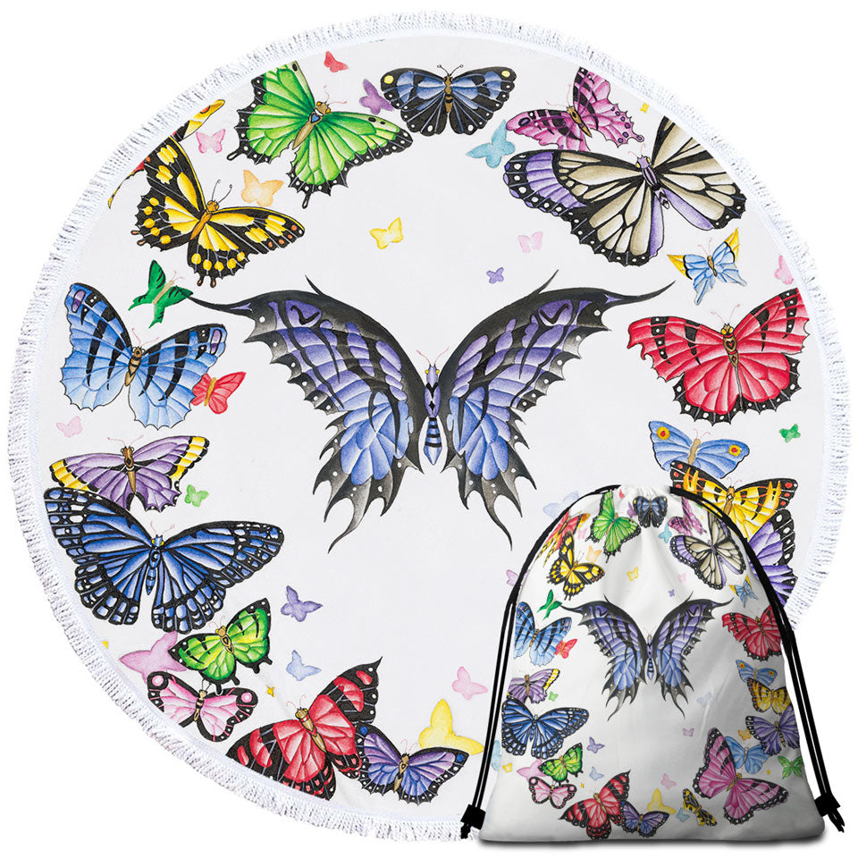 Multi Colored Dark Ring of Butterflies Beach Towels