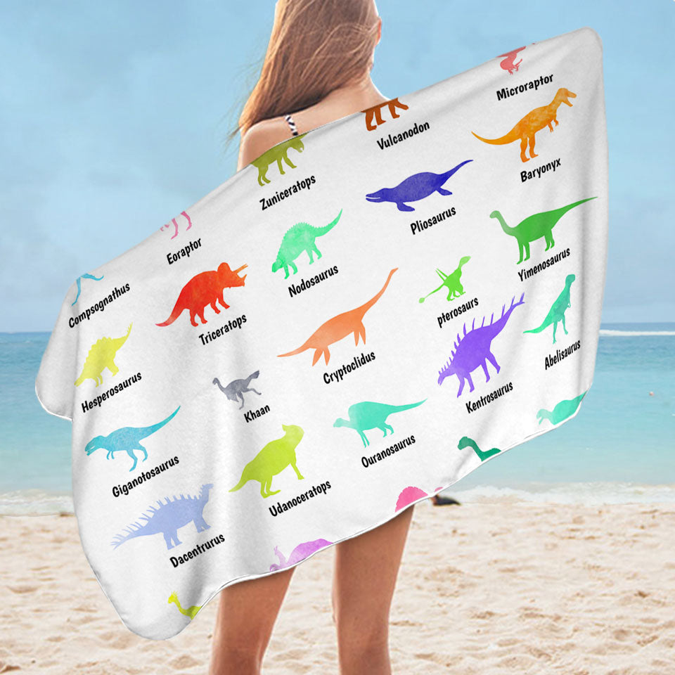 Multi Colored Dinosaurs Kids Beach Towels Drawings and Names