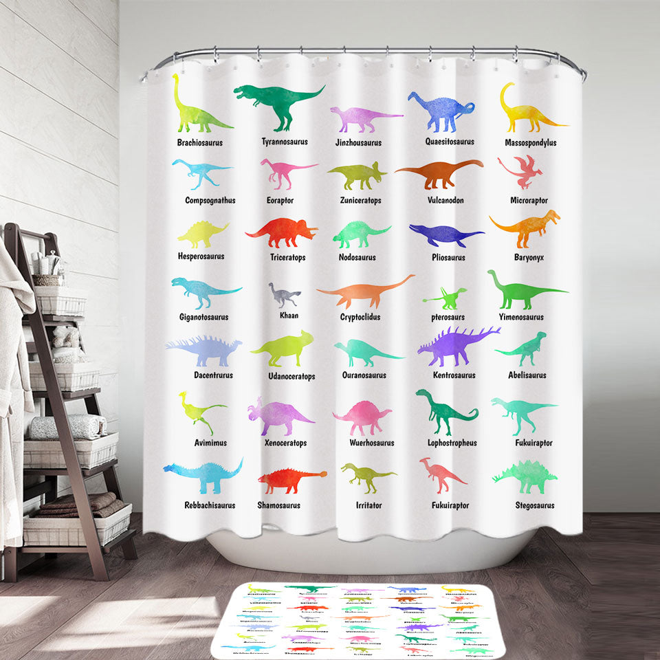 Multi Colored Dinosaurs Kids Shower Curtains Drawings and Names