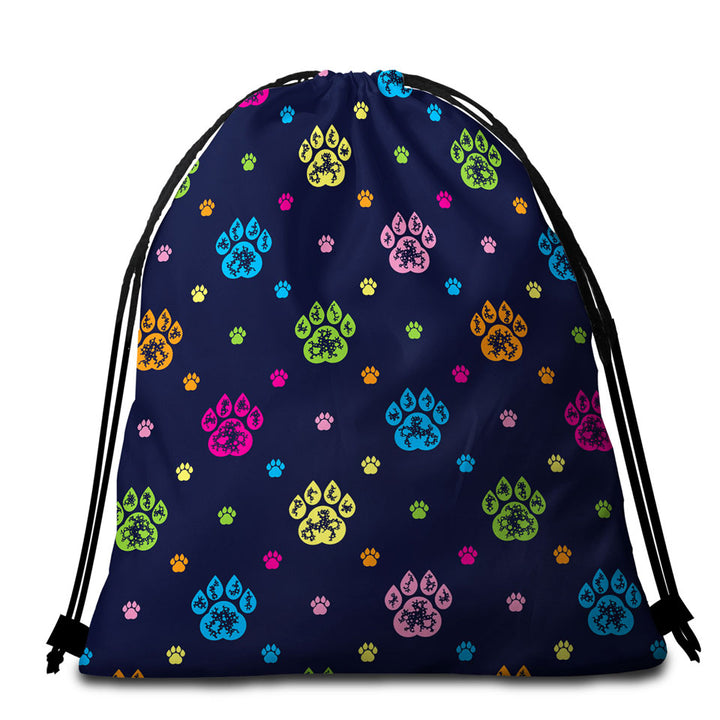 Multi Colored Dog Paws Beach Towel Bags