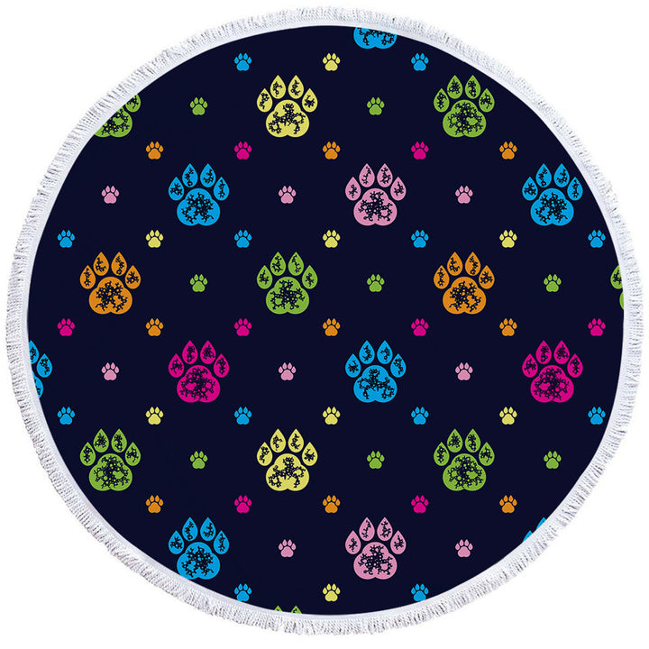 Multi Colored Dog Paws Circle Beach Towel