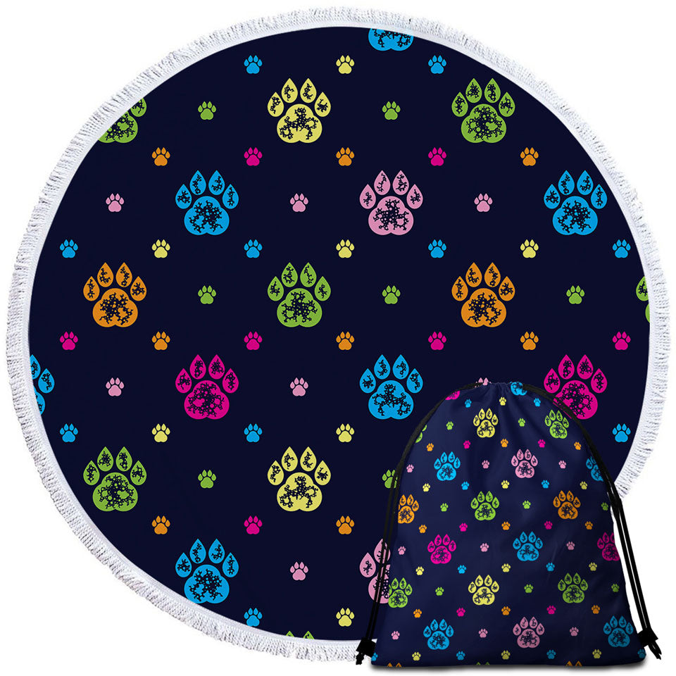 Multi Colored Dog Paws Round Beach Towel