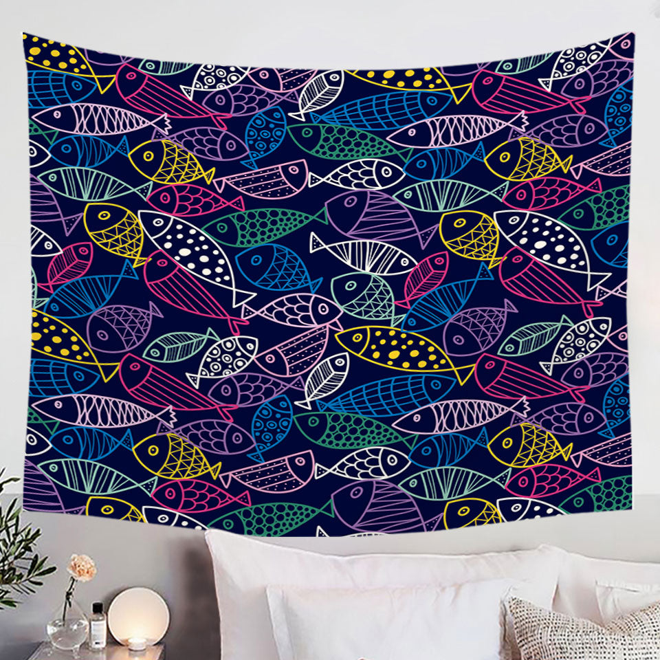 Multi Colored Fish Drawings Wall Decor Tapestry