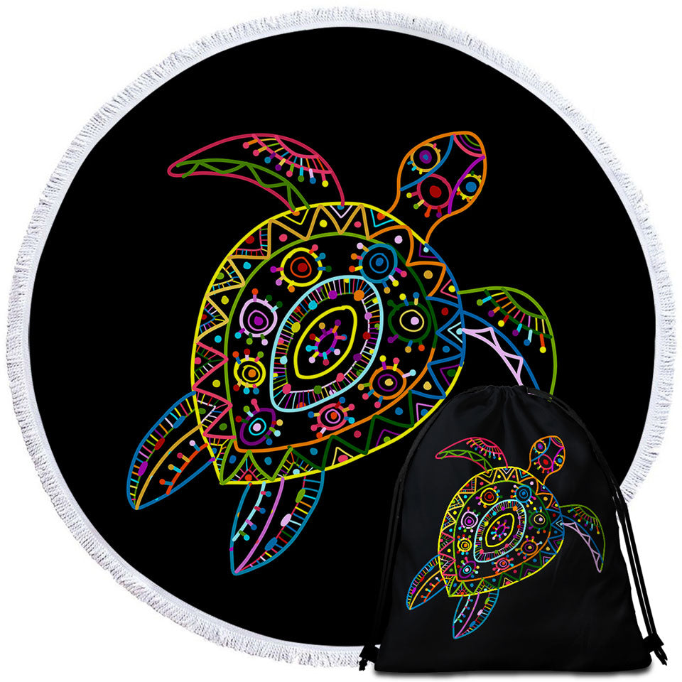 Multi Colored Kids Drawing Turtle Round Beach Towel
