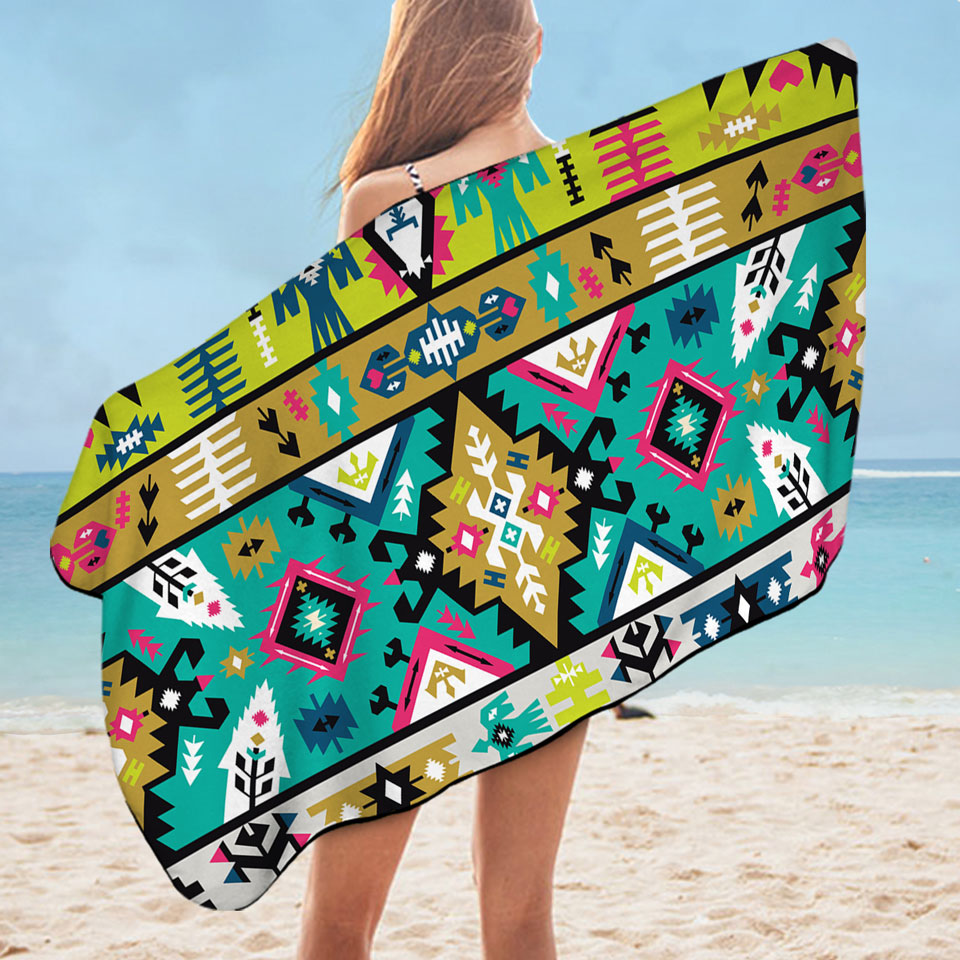 Multi Colored Microfiber Beach Towel Aztec Design