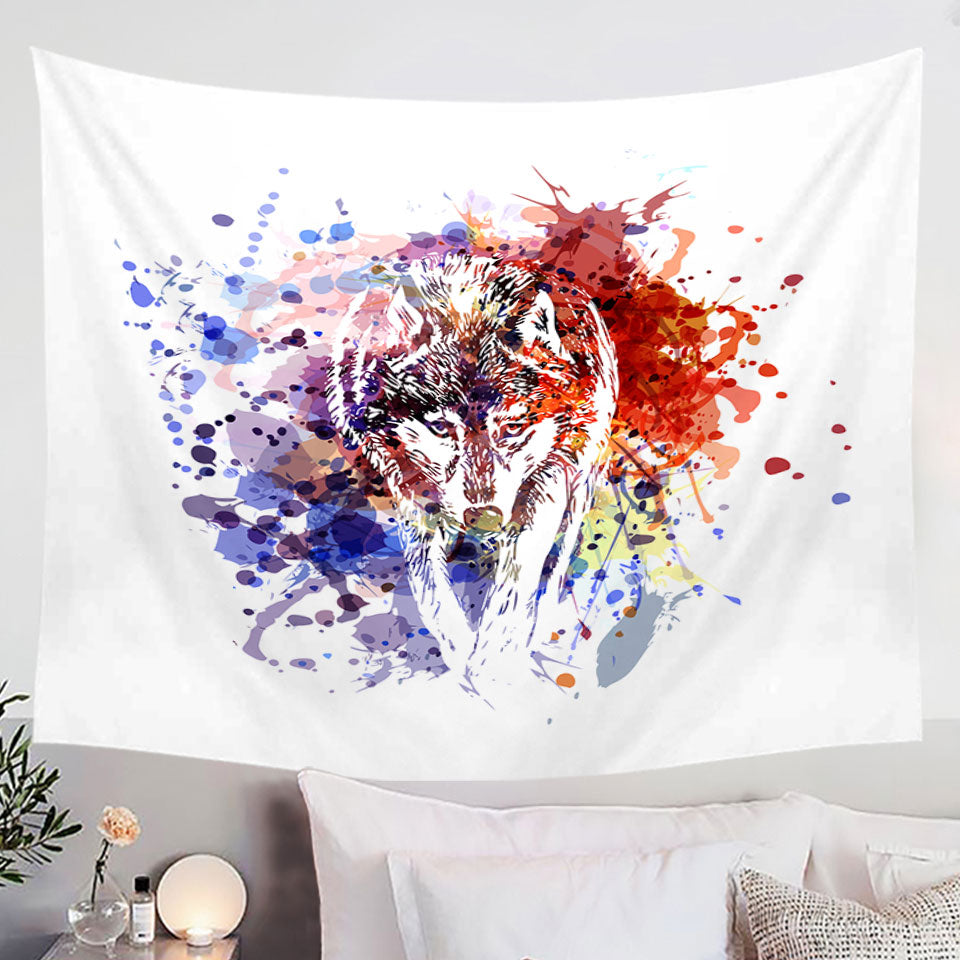 Multi Colored Paint Splash Wolf Hanging Fabric On Wall