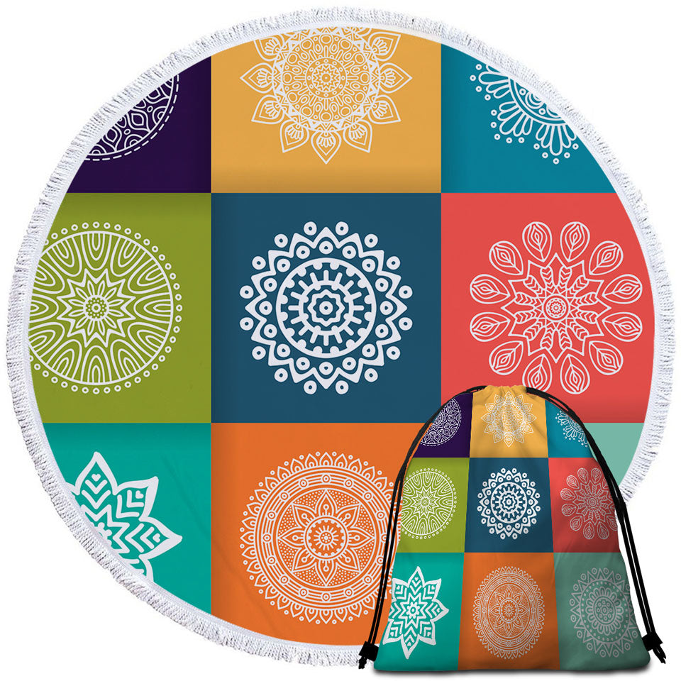 Multi Colored Panel and White Mandalas Beach Towels and Bags Set