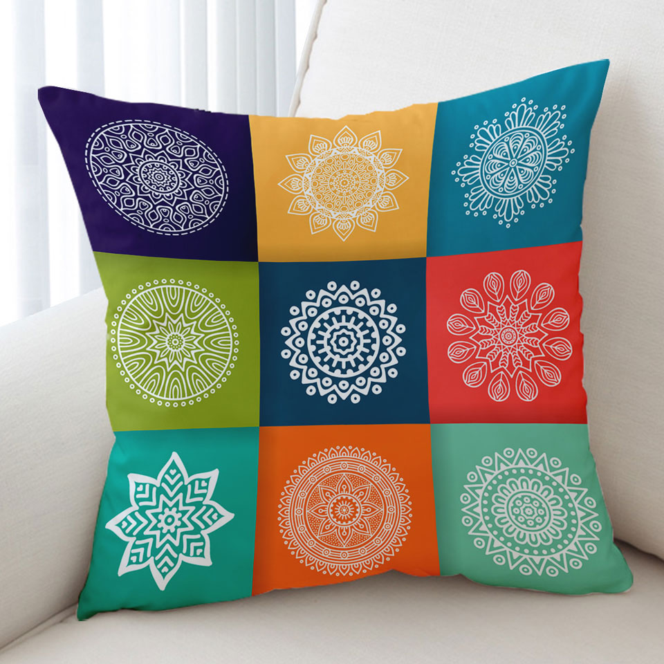 Multi Colored Panel and White Mandalas Cushion Covers