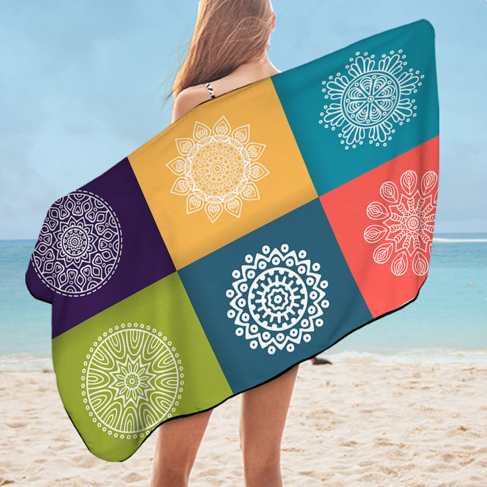 Multi Colored Panel and White Mandalas Microfiber Beach Towel