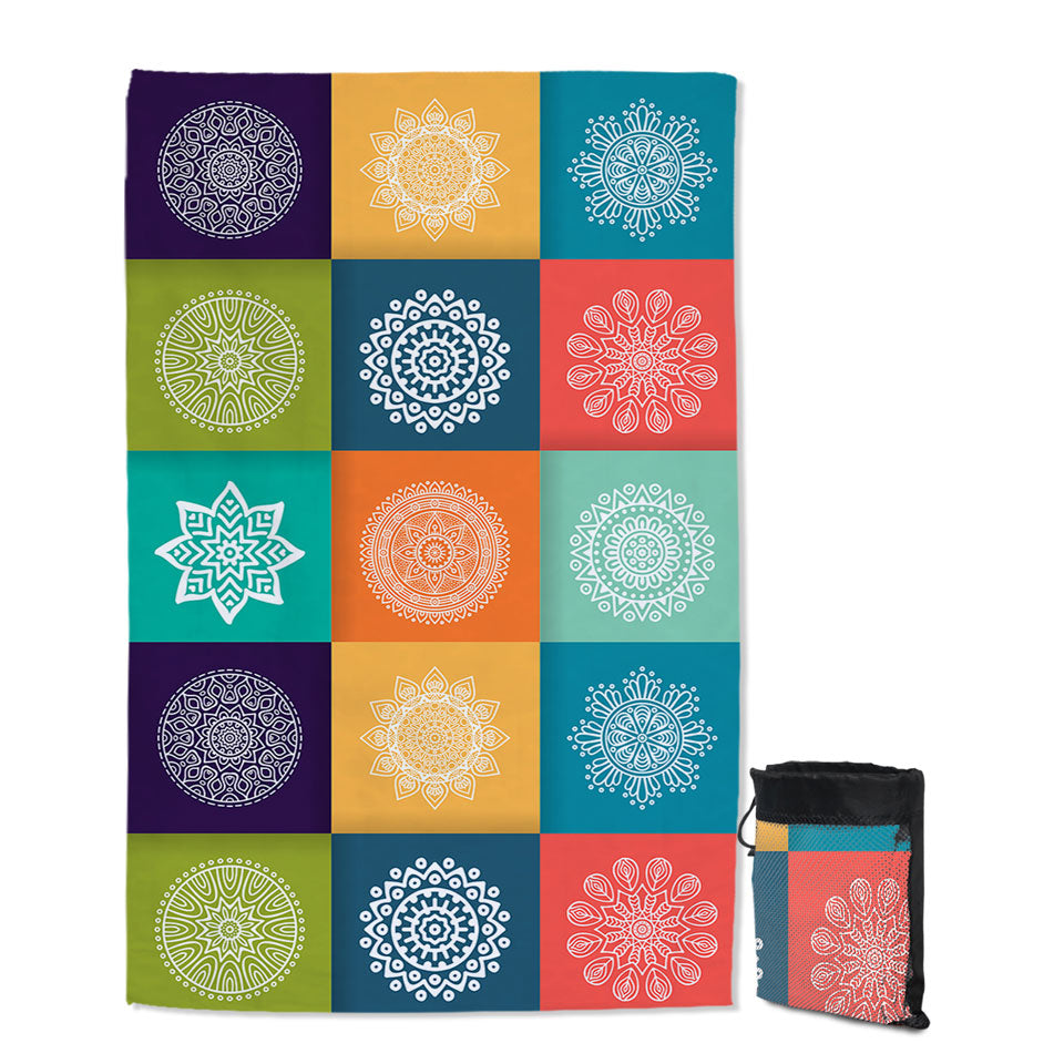 Multi Colored Panel and White Mandalas Quick Dry Beach Towel