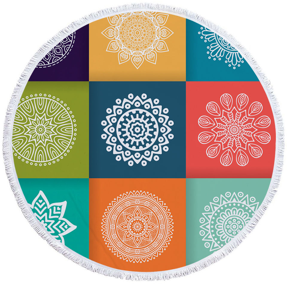 Multi Colored Panel and White Mandalas Round Beach Towel