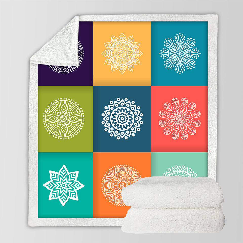 Multi Colored Panel and White Mandalas Sherpa Blanket