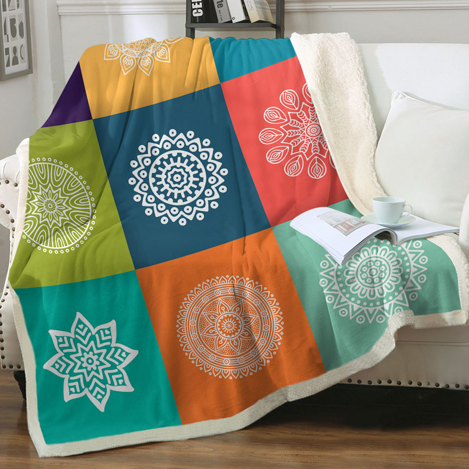 Multi Colored Panel and White Mandalas Throw Blanket