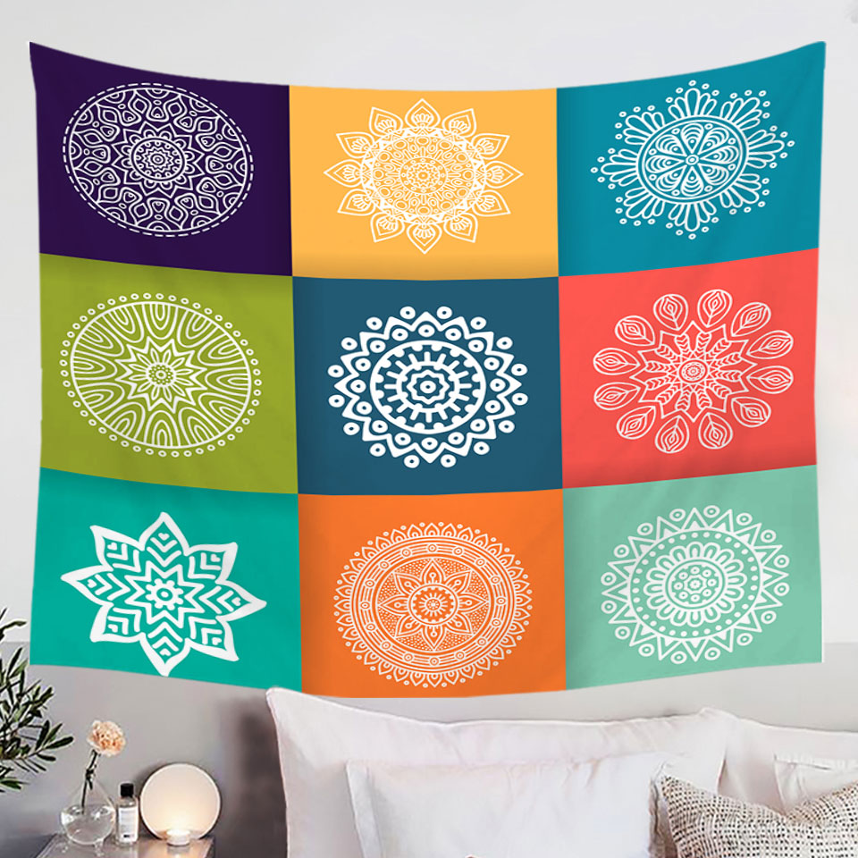 Multi Colored Panel and White Mandalas Wall Decor Tapestry